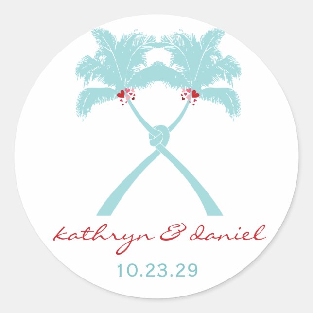 Knotted Palm Trees Hearts Tropical Beach Wedding Classic Round Sticker (Front)