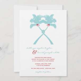 Knotted Palm Trees Hearts Tropical Beach Wedding Invitation