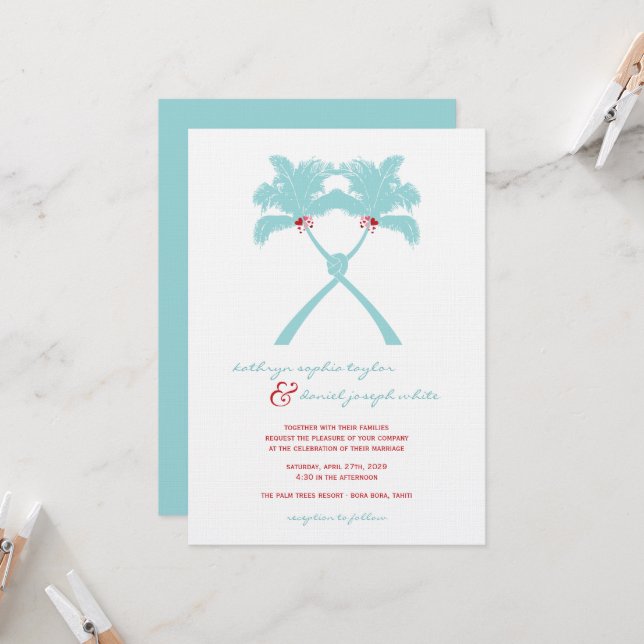 Knotted Palm Trees Hearts Tropical Beach Wedding Invitation (Front/Back In Situ)