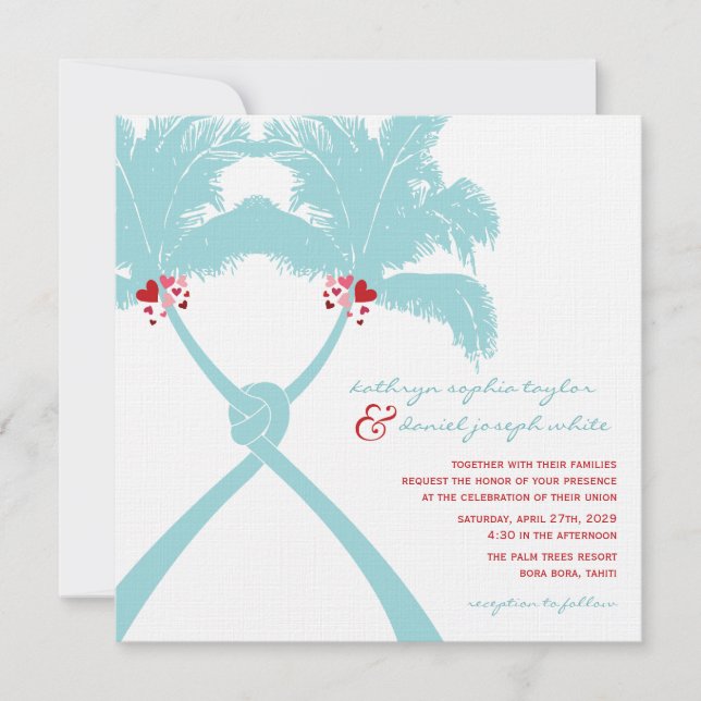 Knotted Palm Trees Hearts Tropical Beach Wedding Invitation (Front)