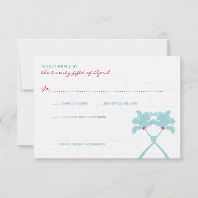 Knotted Palm Trees Hearts Tropical Beach Wedding RSVP Card (Front)