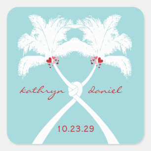 Knotted Palm Trees Hearts Tropical Beach Wedding Square Sticker