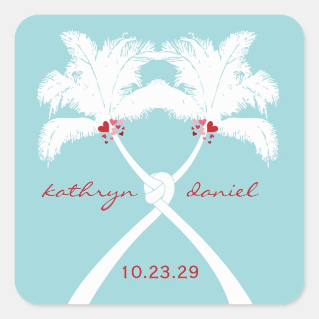 Knotted Palm Trees Hearts Tropical Beach Wedding Square Sticker (Front)