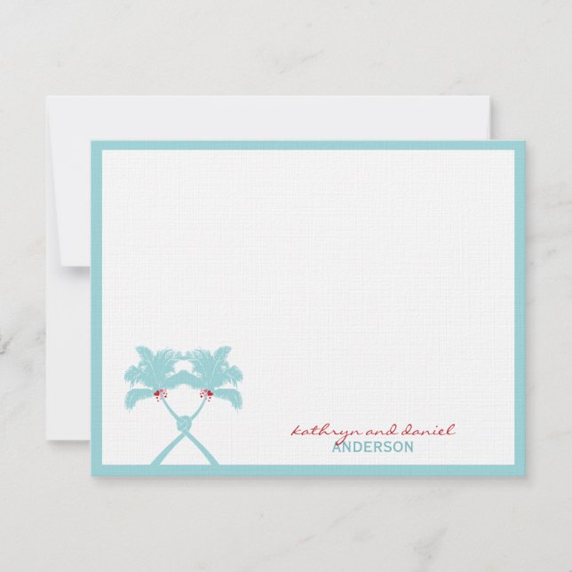 Knotted Palm Trees Hearts Tropical Beach Wedding Thank You Card (Front)
