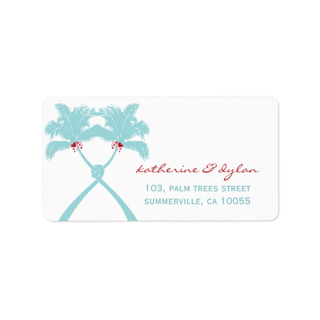 Knotted Palm Trees Hearts Tropical Wedding Address Label (Front)