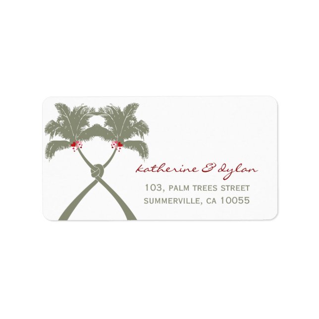 Knotted Palm Trees Red Love Beach Wedding Address Label (Front)