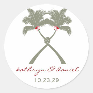 Knotted Palm Trees Red Love Tropical Beach Wedding Classic Round Sticker