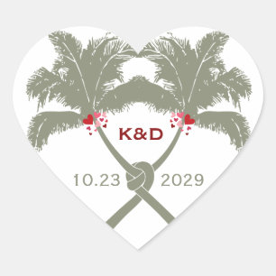 Knotted Palm Trees Red Love Tropical Beach Wedding Heart Sticker