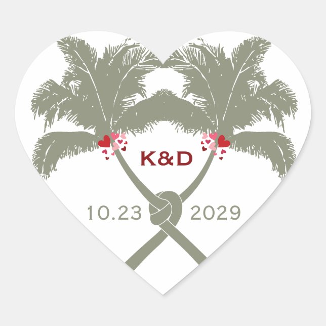 Knotted Palm Trees Red Love Tropical Beach Wedding Heart Sticker (Front)