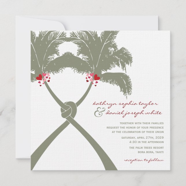 Knotted Palm Trees Red Love Tropical Beach Wedding Invitation (Front)