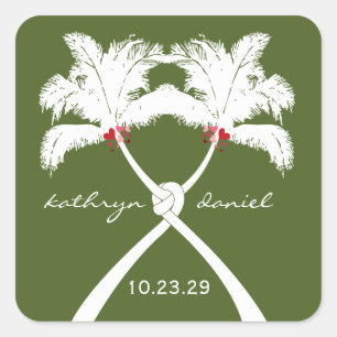 Knotted Palm Trees Red Love Tropical Beach Wedding Square Sticker