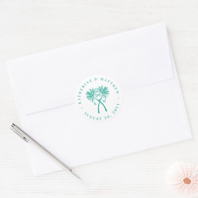 Knotted Palm Trees Tropical Destination Wedding Classic Round Sticker (Envelope)