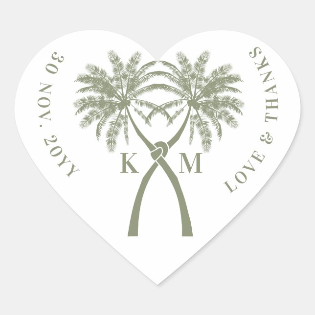 Knotted Palm Trees Tropical Destination Wedding Heart Sticker (Front)