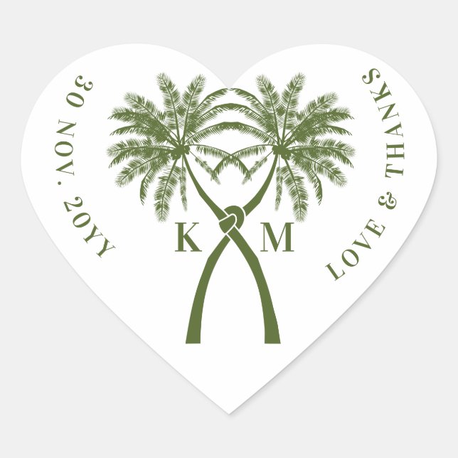 Knotted Palm Trees Tropical Destination Wedding Heart Sticker (Front)