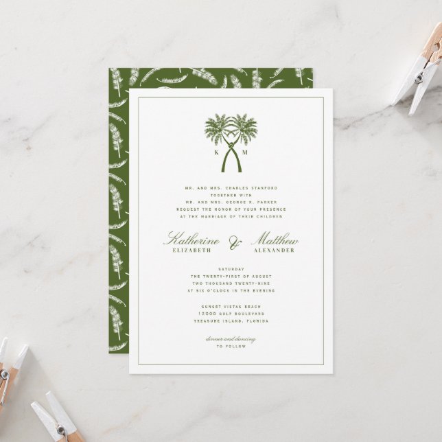 Knotted Palm Trees Tropical Destination Wedding Invitation (Front/Back In Situ)