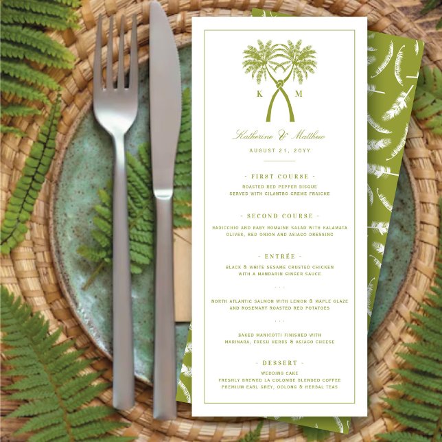Knotted Palm Trees Tropical Destination Wedding Menu (Knotted Palm Trees Monogram Tropical Destination Wedding Menu Card @ fatfatin_blue_knot)