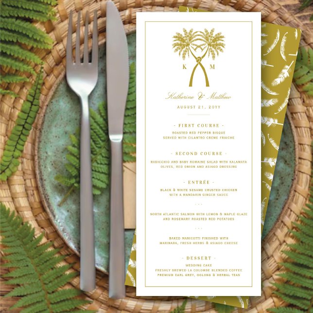 Knotted Palm Trees Tropical Destination Wedding Menu (Knotted Palm Trees Monogram Tropical Destination Wedding Menu Card @ fatfatin_blue_knot)