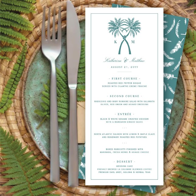 Knotted Palm Trees Tropical Destination Wedding Menu (Knotted Palm Trees Monogram Tropical Destination Wedding Menu Card @ fatfatin_blue_knot)