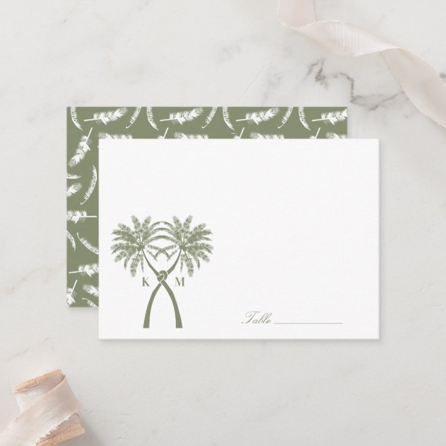 Knotted Palm Trees Tropical Destination Wedding Place Card (Front/Back In Situ)