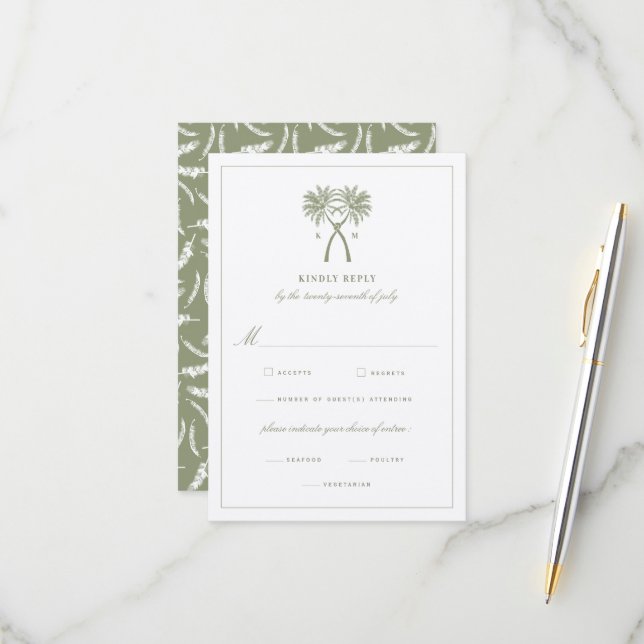 Knotted Palm Trees Tropical Destination Wedding RSVP Card (Front/Back In Situ)