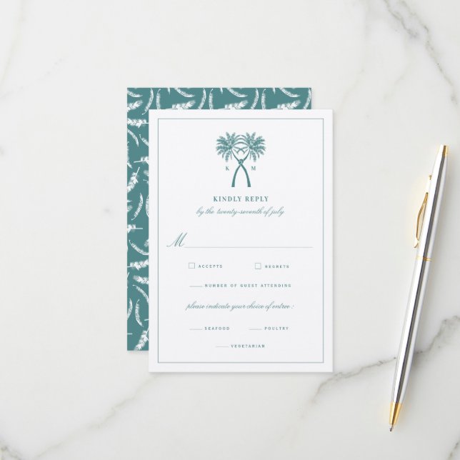 Knotted Palm Trees Tropical Destination Wedding RSVP Card (Front/Back In Situ)