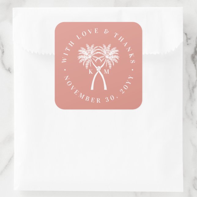 Knotted Palm Trees Tropical Destination Wedding Square Sticker (Bag)