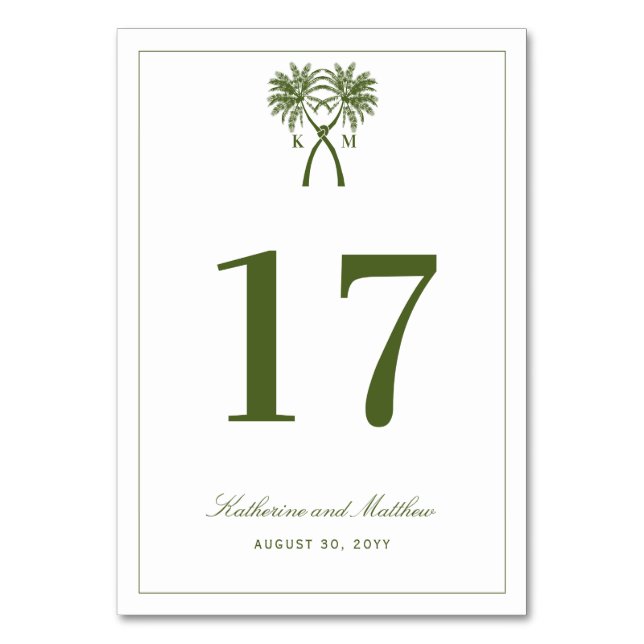 Knotted Palm Trees Tropical Destination Wedding Table Number (Front)