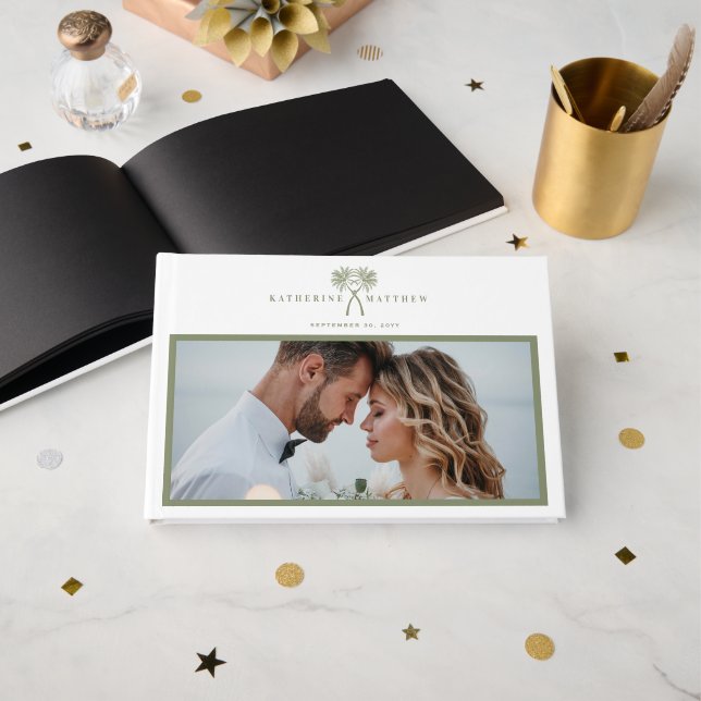 Knotted Palm Trees Tropical Wedding Welcome Sign Guest Book (Front Open)