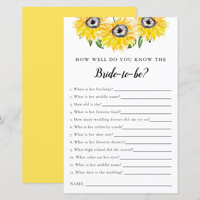 know the bride Bridal Shower Game Sunflower (Front/Back)