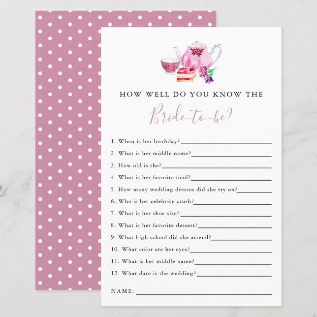 know the bride Bridal Shower Game Tea Party (Front/Back)
