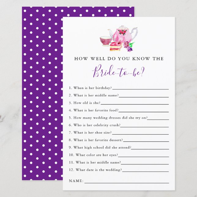 know the bride Bridal Shower Game Tea Party Purple (Front/Back)