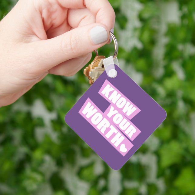 Know your worth love yourself more slogan pink key ring (Hand)