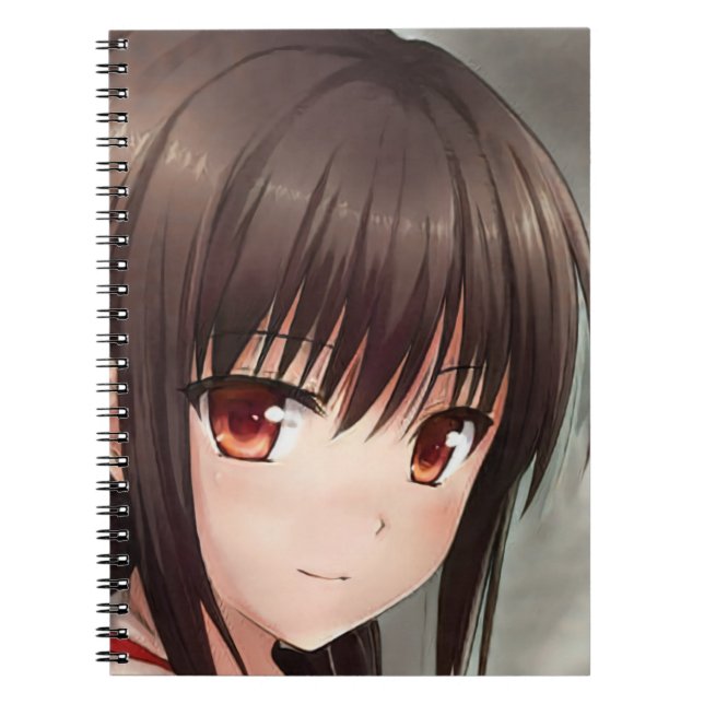Knowing smile anime girl cute brunette amber eyes notebook (Front)