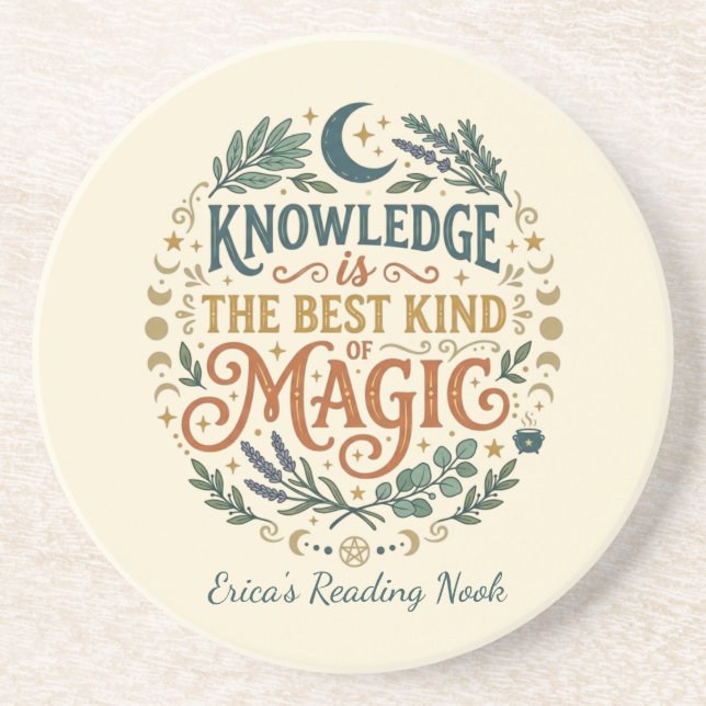 Knowledge is Magic Book Witch Botanical Moon Coaster (Front)