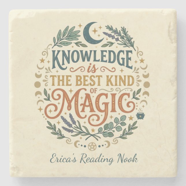 Knowledge is Magic Book Witch Botanical Moon Stone Coaster (Front)