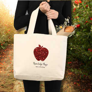 Knowledge Ninja Faux Glitter Red Apple Teacher Large Tote Bag