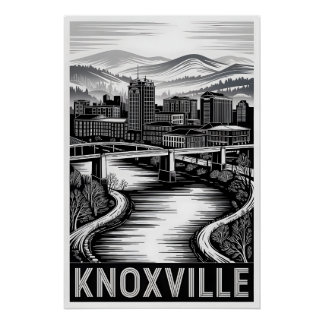 Knoxville Tennessee Skyline Black White Woodcut Poster