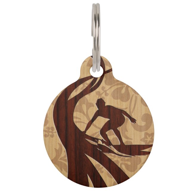 Koa Wood Surfer Faux Wood Surfboard Pet Tag (Front)