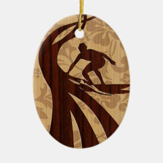 Koa Wood Surfer Surfboard Ceramic Tree Decoration