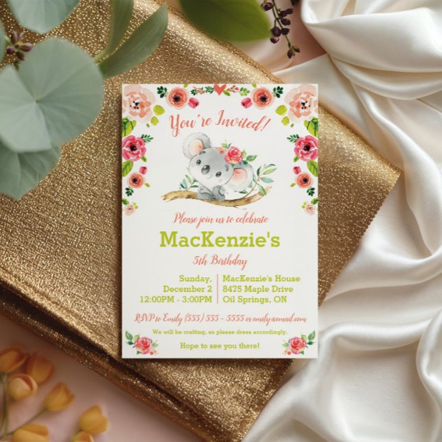 Koala and Floral Birthday Party Invitation (Creator Uploaded)