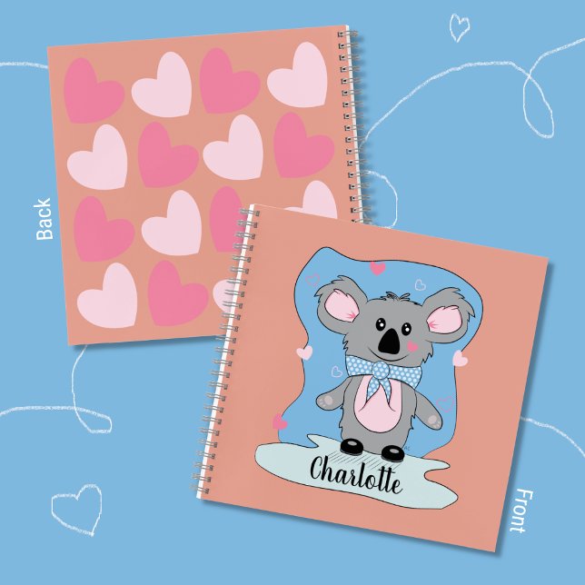 Koala and Hearts Kid Handwriting Notebook  (Cute cartoon koala kid handwriting practice notebook with name .)