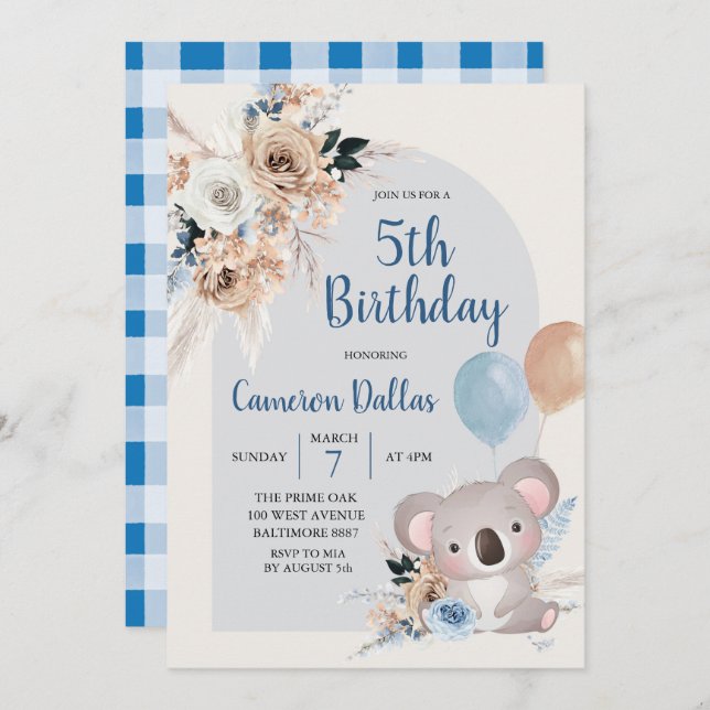 Koala and Pampas Grass Dark Blue Birthday Party Invitation (Front/Back)