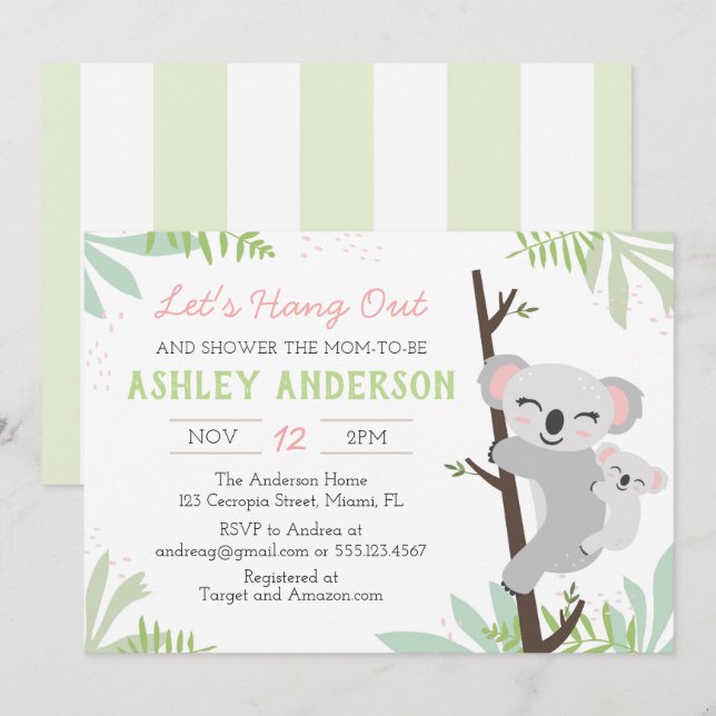 Koala Baby Girl Baby Shower Invitation (Front/Back)