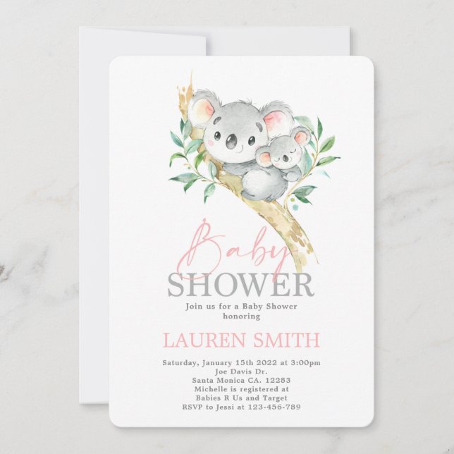 Koala Baby Shower Girl Invitation (Front)