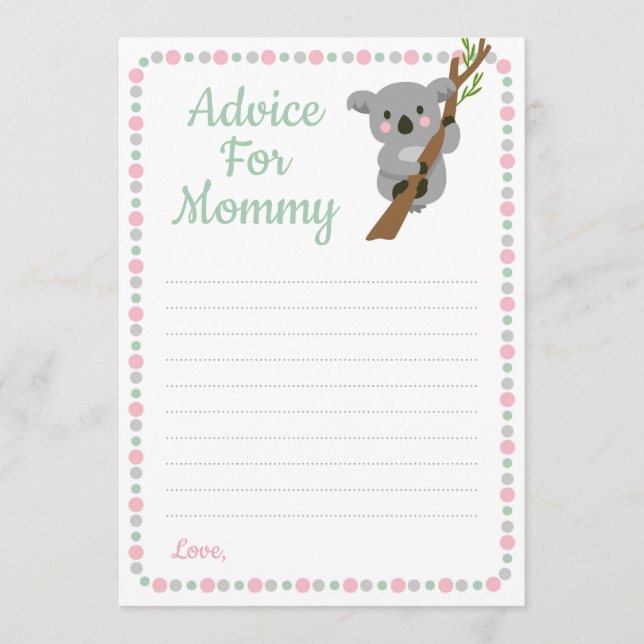 Koala Bear Advice For Mummy Shower Game Pink Girl Card (Front)