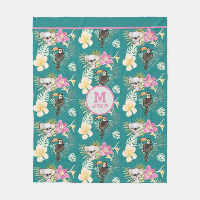 Koala Bear and Toucan Bird Pattern Monogram Fleece Blanket (Front)