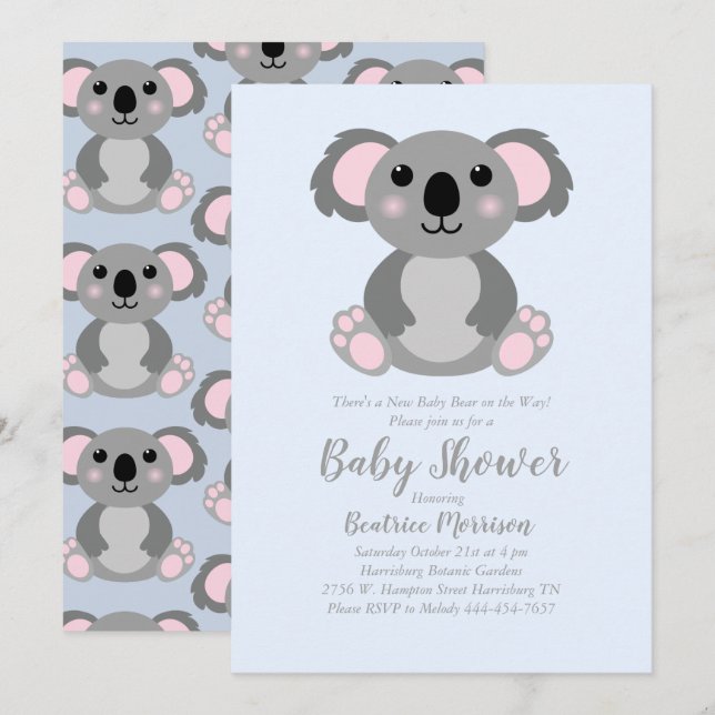 Koala Bear Baby Shower Blue Boy Invitation (Front/Back)