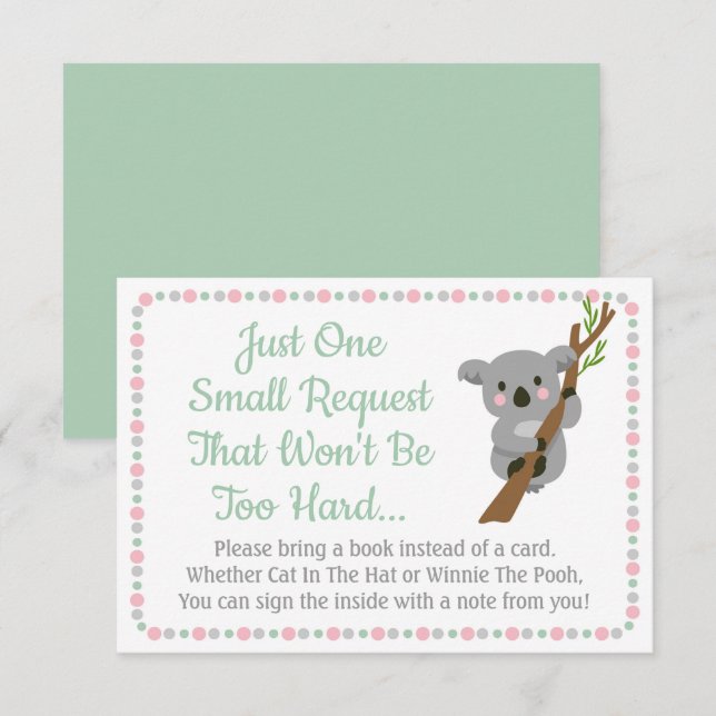 Koala Bear Baby Shower Bring A Book Card Pink Girl (Front/Back)