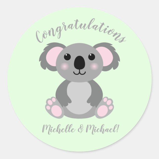Koala Bear Baby Shower Green Gender Neutral Classic Round Sticker (Front)