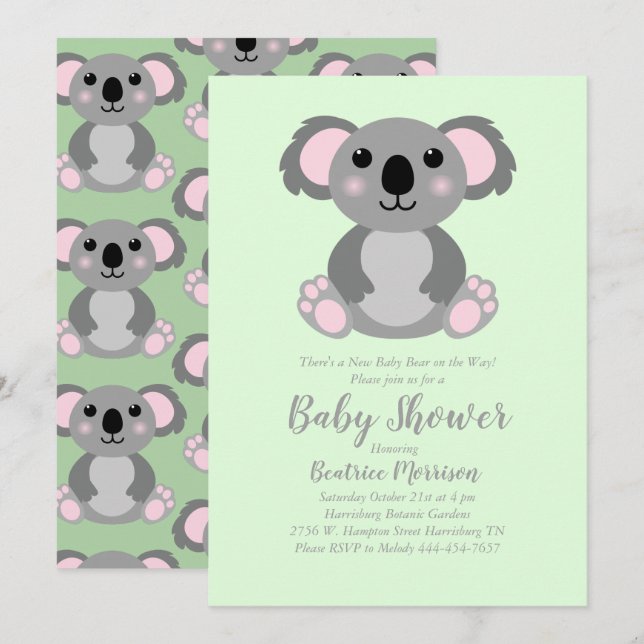 Koala Bear Baby Shower Green Gender Neutral Invitation (Front/Back)